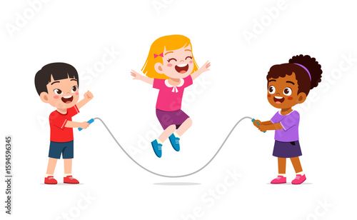 Multiethnic Children Play Jumping Rope Together and Smiling on White Background Illustration