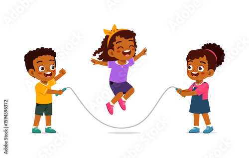 Happy African Kids Playing Skipping Rope, Boy and Girls Enjoying Childhood Game Illustration