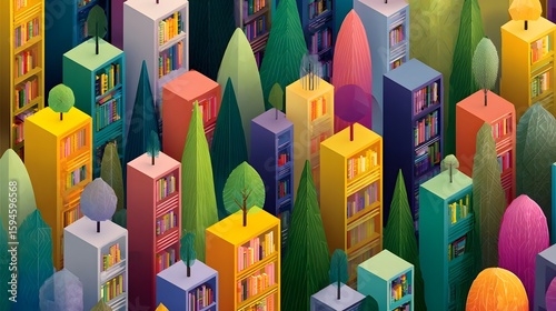 Vibrant and whimsical cityscape with geometric buildings and trees