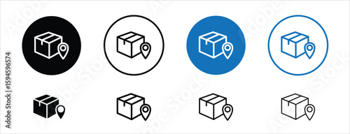 set of pixel perfect colored Parcel tracking icon, 1 silhouette, 1 Unexpanded, Box with location pin showing trackable delivery.