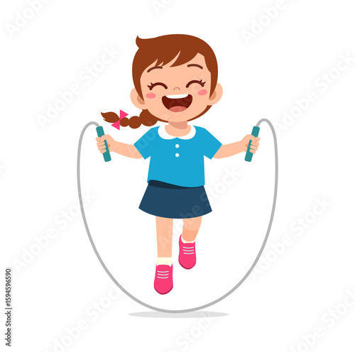 Happy Little Girl Jumping Rope with a Big Smile, Full of Energy and Excitement Cartoon