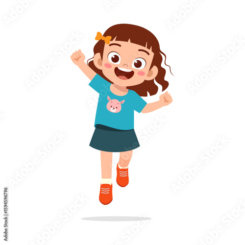 Happy Little Girl Jumping with Joy and Excitement with Arms Up, Cheerful Emotion in Cartoon Style