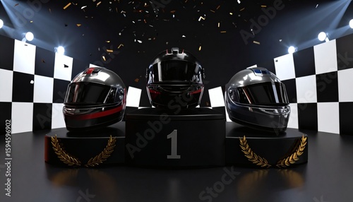 Exciting Racing Event Featuring Modern Podium Design with Helmets at a Championship Venue in a Dynamic Environment
