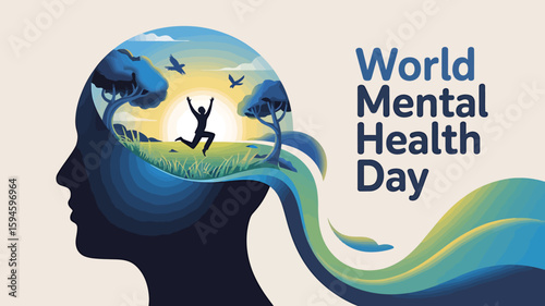 World Mental Health Day Poster Vector Illustration with Brain, Green Ribbon, Support Hands, Mind Icons and Green Theme