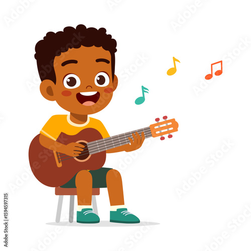 Happy african boy playing guitar while sitting on the stool, cartoon style