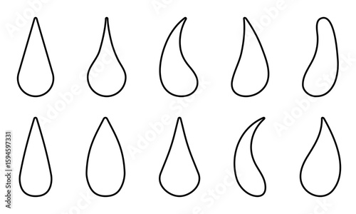 Water drops outline set isolated on a white background. Different drop shapes. Editable stroke, line thickness can be changed. Linear icon, vector illustration.