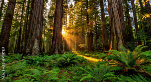 A forest filled with lots of tall trees and ferns.