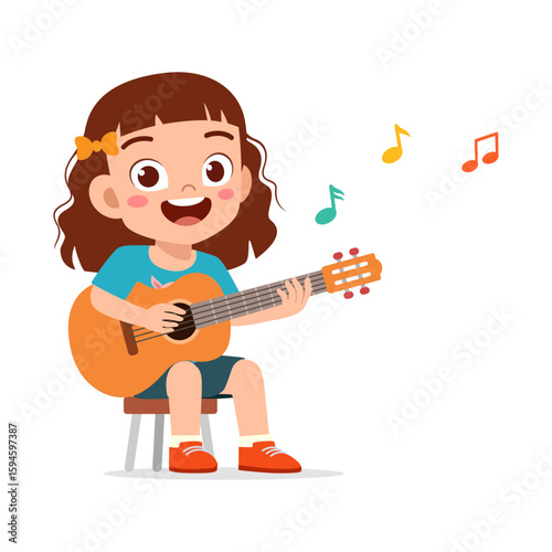 Happy Little Girl Playing Guitar and Smiling with Music Notes Illustration in Cartoon Style