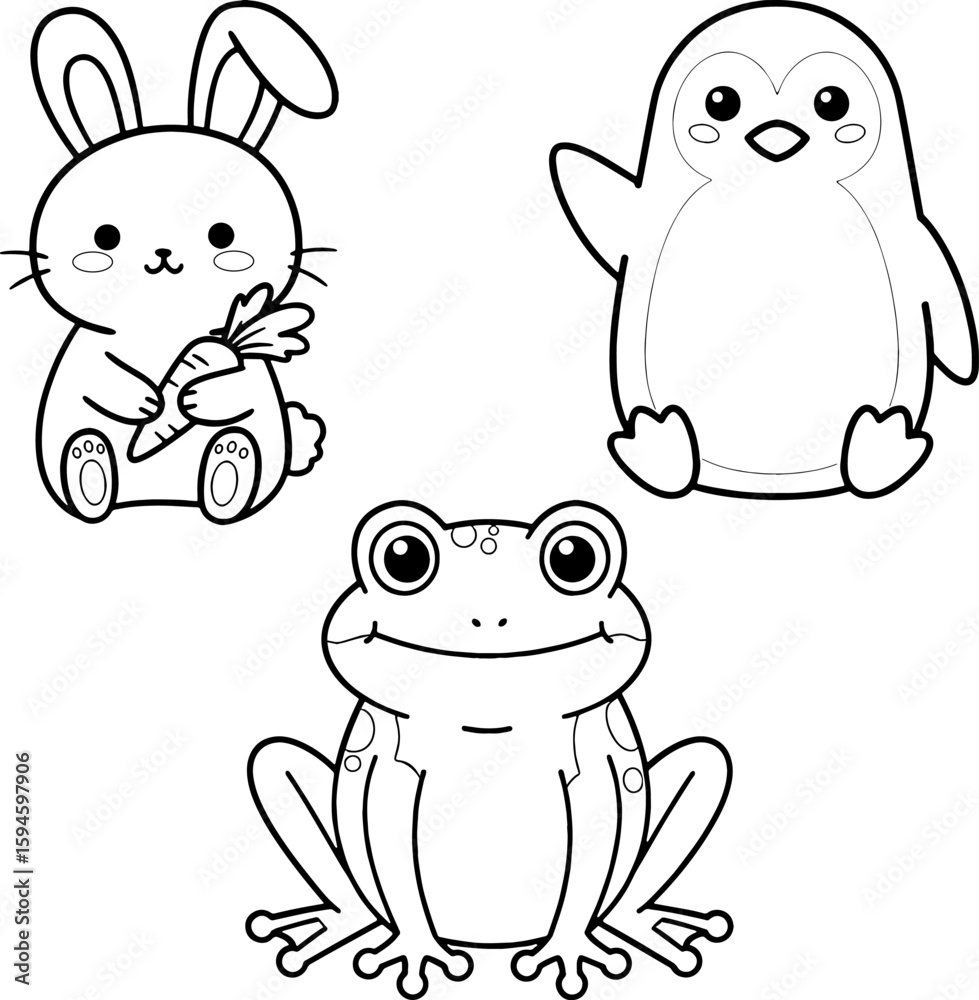 Naklejka premium Cute Black and White Cartoon Animals – Bunny, Frog, and Penguin Outline for Coloring Books and Kids Worksheets
