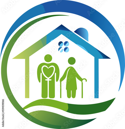 Senior Care Logo Design with Home Couple and Heart Symbolism in Green and Blue