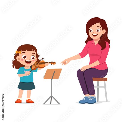 Young girl learning violin with instructor with smiling expression cartoon illustration