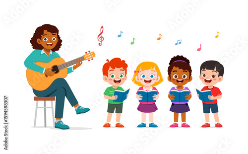 Teacher playing guitar while happy multiracial kids sing reading books cartoon illustration