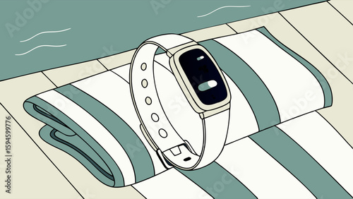 Fitness Tracker on Striped Towel Near Water Illustration.
