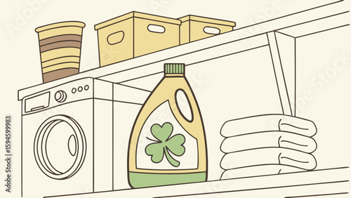 Laundry room illustration with washing machine detergent towels and storage boxes.