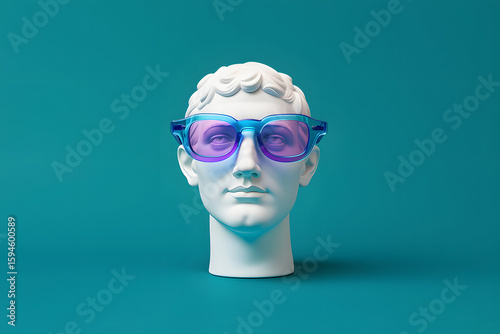 A statue head wearing sunglasses on a blue background