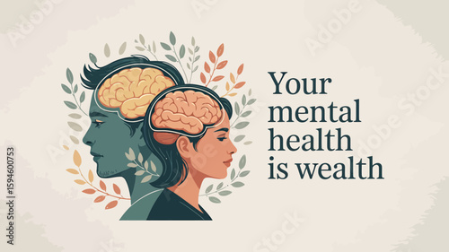 World Mental Health Day Poster Vector Illustration with Brain, Green Ribbon, Support Hands, Mind Icons and Green Theme