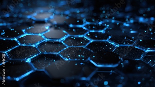 Abstract glowing hexagonal pattern background with blue light and floating particles, perfect for technology and digital themes in various projects