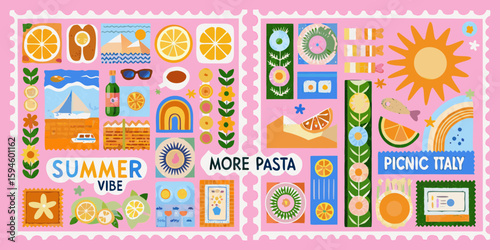 Vibrant summer picnic and travel collage with italian and food themes