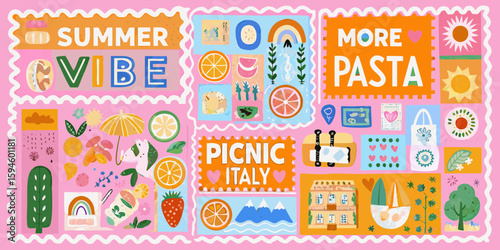 Whimsical summer picnic and italian holiday collage