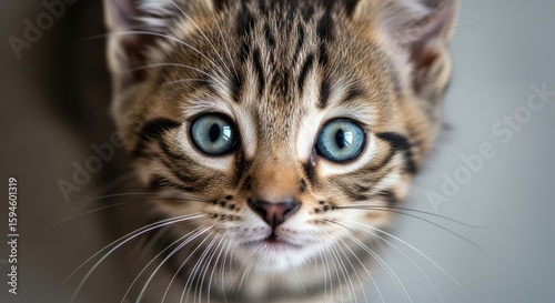 Adorable Tabby Kitten with Striking Blue Eyes Gazing Upwards