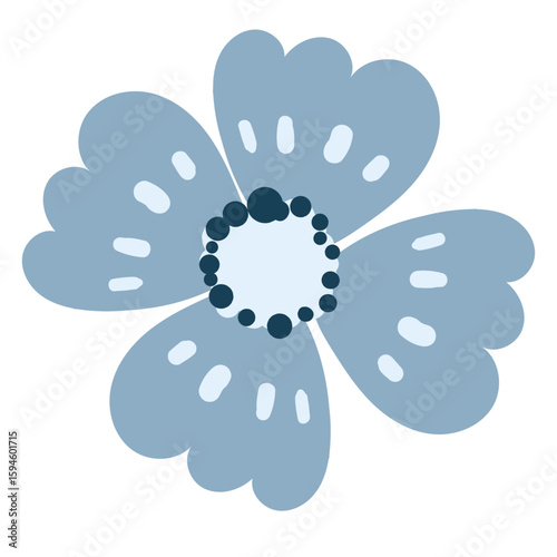 Blue Cartoon Flower Head With Rounded Petals And a Dark Center. Delicate wild plant. Cute nature herb perfect for invitations, cards, posters, holidays, stickers.