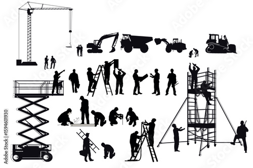 Baustelle mit Bauarbeitern und Baumaschinen, Illustration