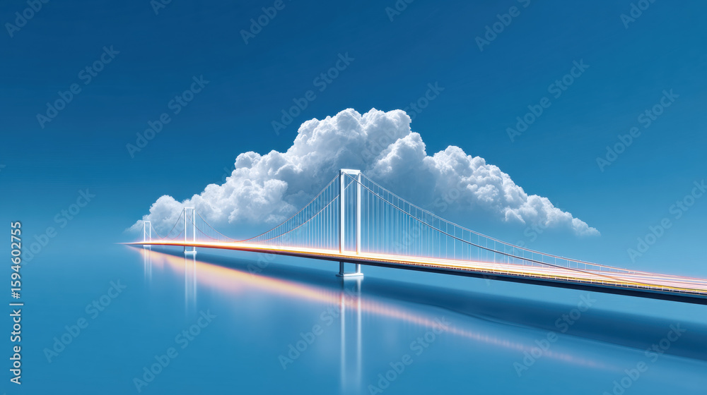 Fototapeta premium Suspended bridge with light trails stretches across calm water under large fluffy cloud in clear blue sky, creating serene and futuristic atmosphere