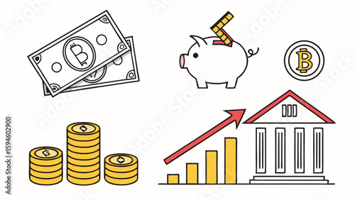 Bitcoin Piggy Bank Bank Building and Growing Financial Chart Illustration.