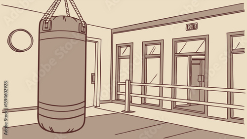 Boxing Gym Interior with Hanging Heavy Bag and Windows.