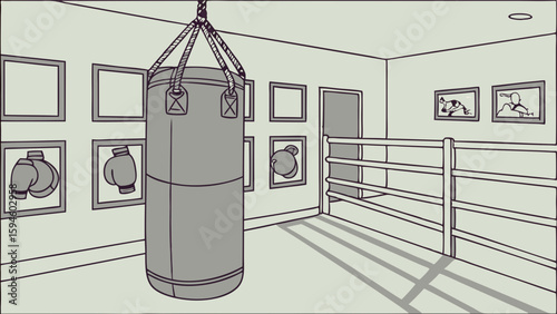 Boxing Gym Interior with Punching Bag and Boxing Ring.