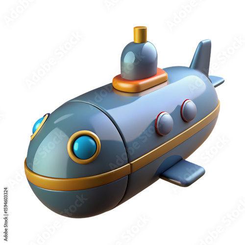 Blue Cartoon Submarine with Golden Accents: Ideal for Kids' Adventures