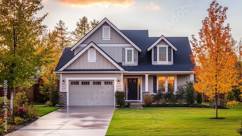 Fototapeta Naklejka Na Ścianę i Meble -  A beautiful suburban home with a wellmanicured lawn and autumn trees