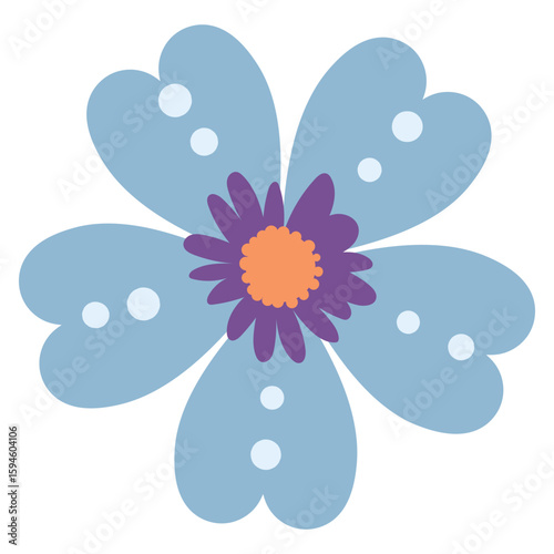 Heart Petal Flower With Purple Center And Dots. Delicate cartoon blue wild plant. Cute nature herb perfect for invitations, cards, posters, holidays, stickers.