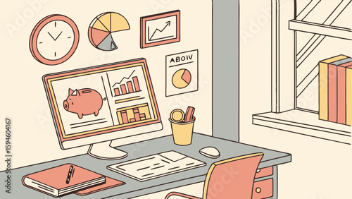 Financial Planning Workspace with Computer and Charts.