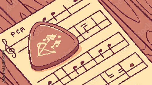 Guitar pick with music notes on sheet music illustration.