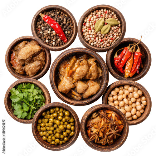 Fototapeta Naklejka Na Ścianę i Meble -  Assorted spices and ingredients in small bowls, arranged in a circular pattern