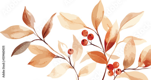Watercolor Autumnal Leaves and Berries Illustration on White Background for Design Projects