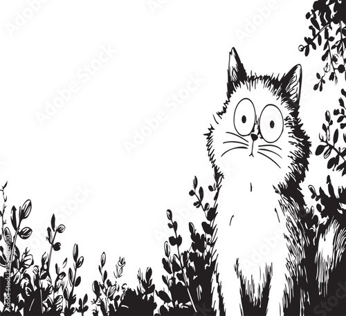 Adorable Cat Illustration with Detailed Line Art for Coloring Books Featuring a Kitten Sitting in a Garden Surrounded by Flowers and Foliage in a Whimsical Style