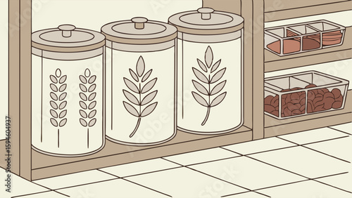 Kitchen Pantry with Jars and Bins Illustration.
