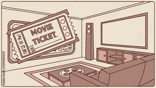 Movie Ticket and Home Theater Room Illustration.