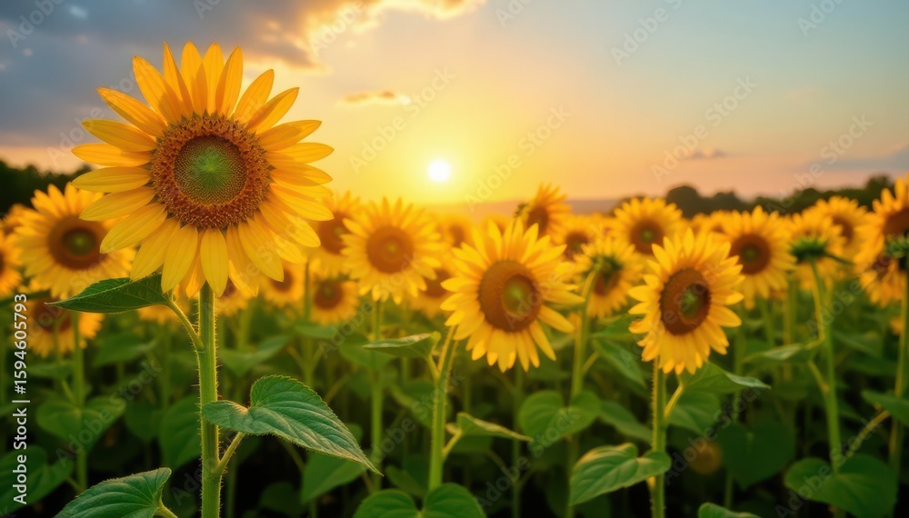 Obraz premium Tall sunflowers facing the sun, vast field of blooms , cheerful, golden, yellow