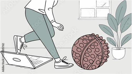 Person Tripping Over Laptop Near Exercise Ball.