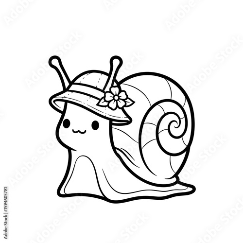 Cute snail wearing a hat with flowers, playful illustration