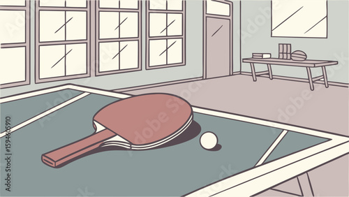 Ping Pong Paddle and Ball on Table in Room Illustration.