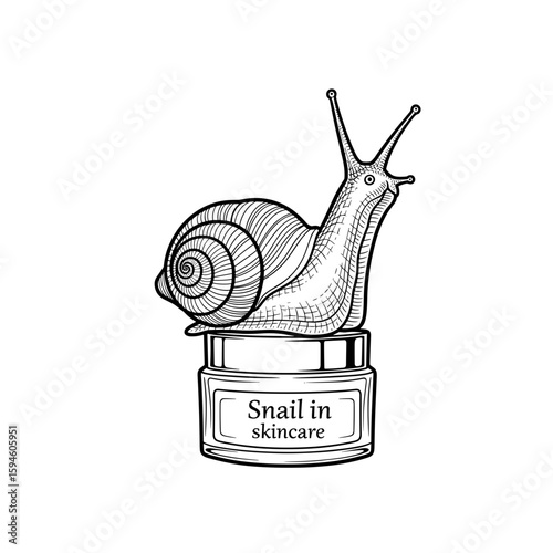 Snail on a skincare cream jar, whimsical beauty illustration