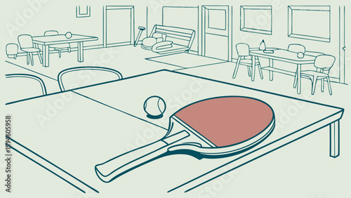Ping Pong Paddle and Ball on Table Illustration.