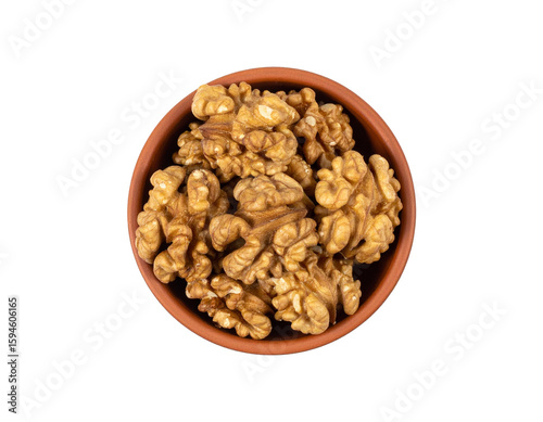 Shelled walnuts in brown bowl on transparent background