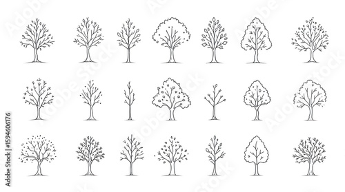 Twenty-one simple line drawing trees, varied shapes, some leafy, on white