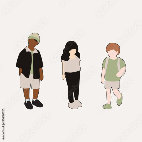 flat minimal children male and female vector illustration in spring summer clothing with outline concept isolated set collection. For architecture rendering, graphic design, info graphic, media