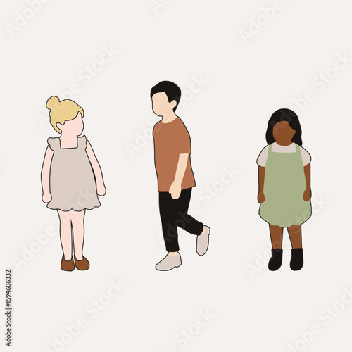 flat minimal children male and female vector illustration in spring summer clothing with outline concept isolated set collection. For architecture rendering, graphic design, info graphic, media